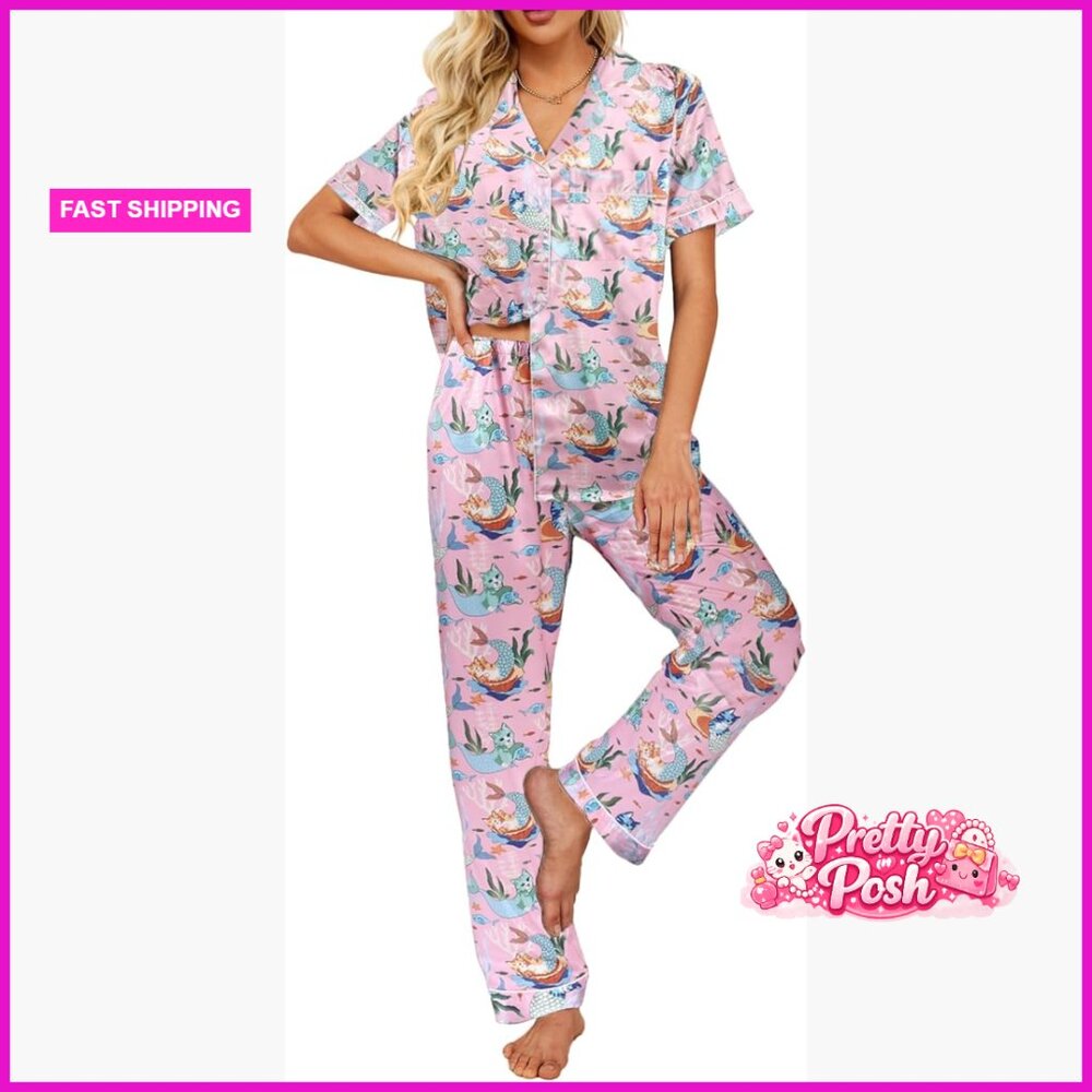 Silk Satin Pajamas Set Short Sleeve Sleepwear Soft Button Down Loungewear